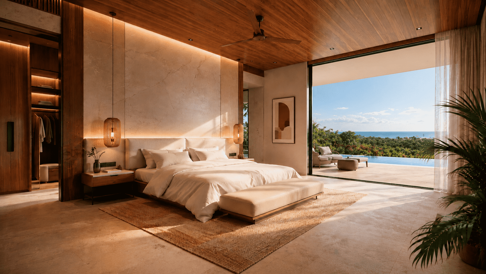 Villa bedroom in warm timber and stone, opening to the ocean terrace
